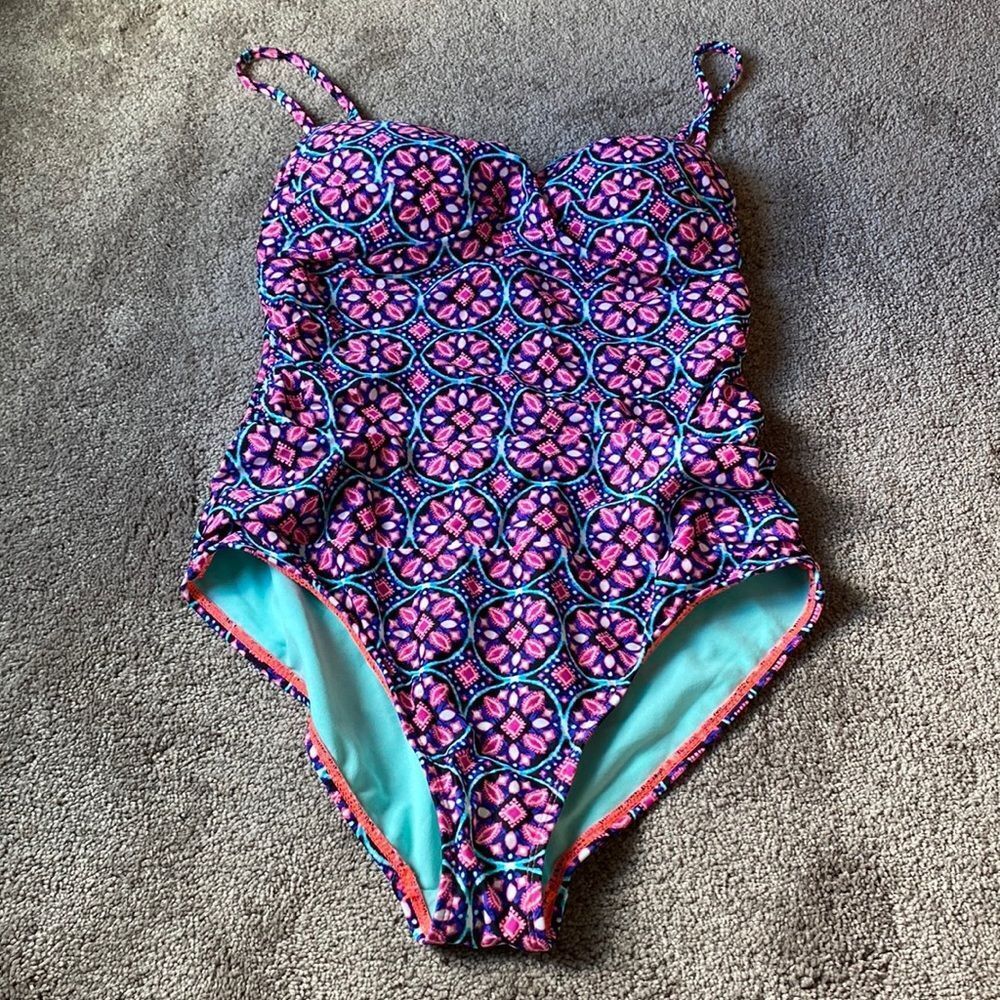 Catalina One Piece Swimsuit Pink Blue Geometric Print SIZE L Padded Cups